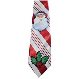 Christmas Tie Candy Cane Santa Claus Holly Red White Striped Holiday Necktie